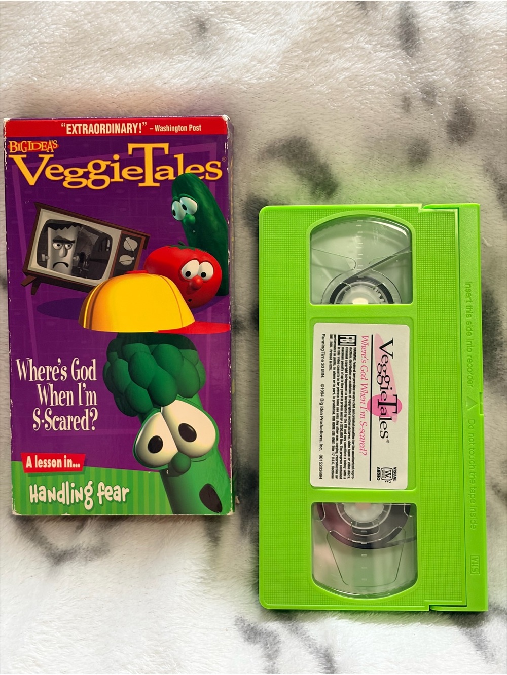1993 VeggieTales 1st Episode -“Where's God When I'm S-Scared?” Green VHS Tape.
